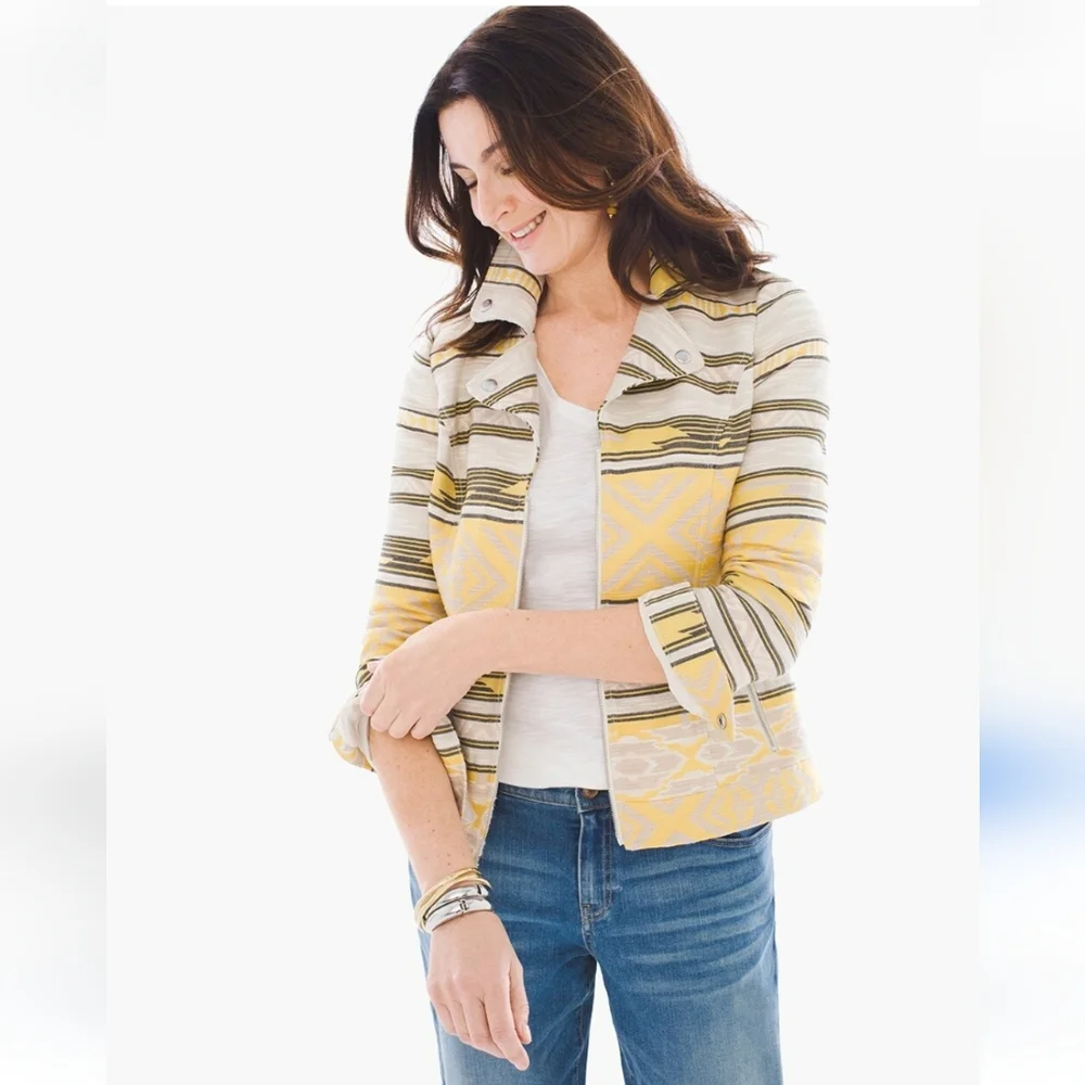 CHICO'S Aztec Southwest Jacquard Moto Western Yellow Black Striped Jacket Sz. M